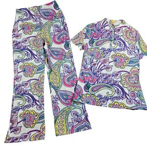 Vintage 60s 70s 2 Piece Pant Set Womens 10 S/M Multi Paisley Mod Retro Disco Mod